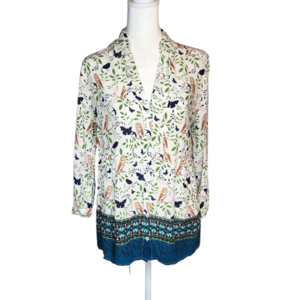 Maeve Anthropologie Owl Bird Floral Blouse Buttondown 3/4 Sleeve